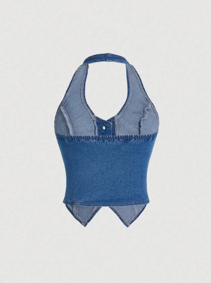 Denim Cowgirl Halter Corset Top – Western Y2K Button Front Festival Vest, Rodeo