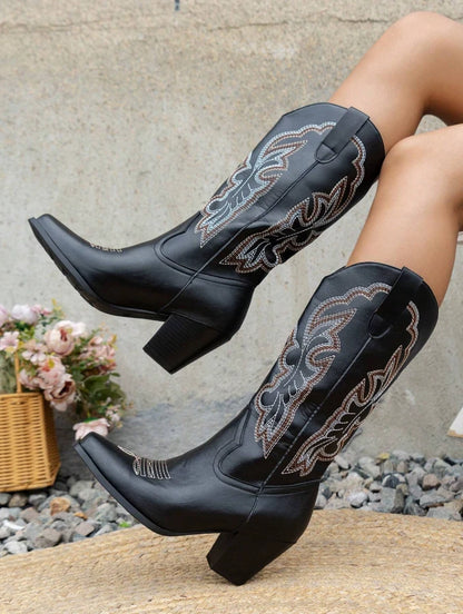 Black Western Cowgirl Boots – Embroidered Mid-Calf Rodeo Boots | Pointed Toe