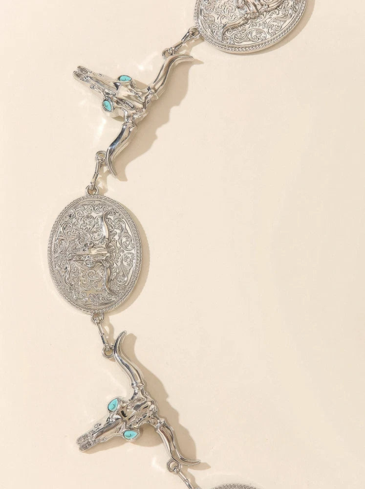 Western Cowgirl Chain Belt – Bull Head & Rodeo Concho Statement Waist Chain