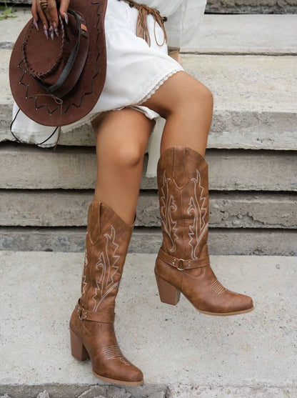 Women's Western Cowboy Boots – Brown Knee-High Boots with Embroidered Detail