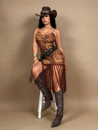 Western Fringe Paisley Bodycon Dress – Cowgirl Rodeo Outfit, Brown Boho