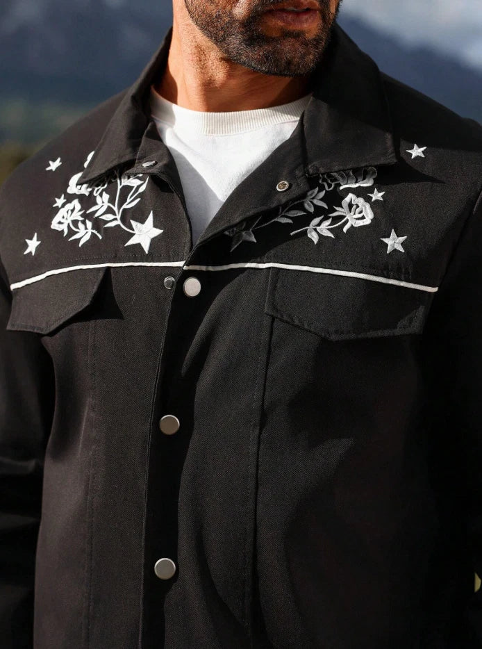 Men’s Black Western Embroidered Cowboy Jacket — Floral & Star Rodeo Style