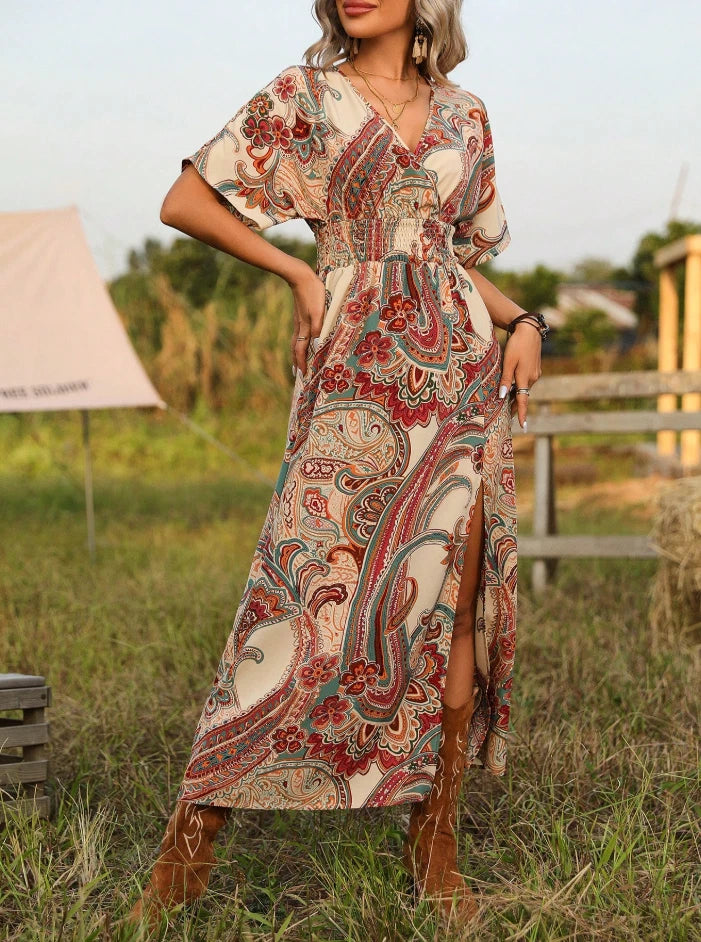 Paisley Boho Western Maxi Dress with Slit, Vintage Cowgirl Festival Dress