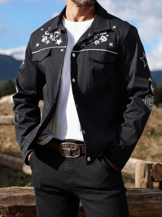 Men’s Black Western Embroidered Cowboy Jacket — Floral & Star Rodeo Style
