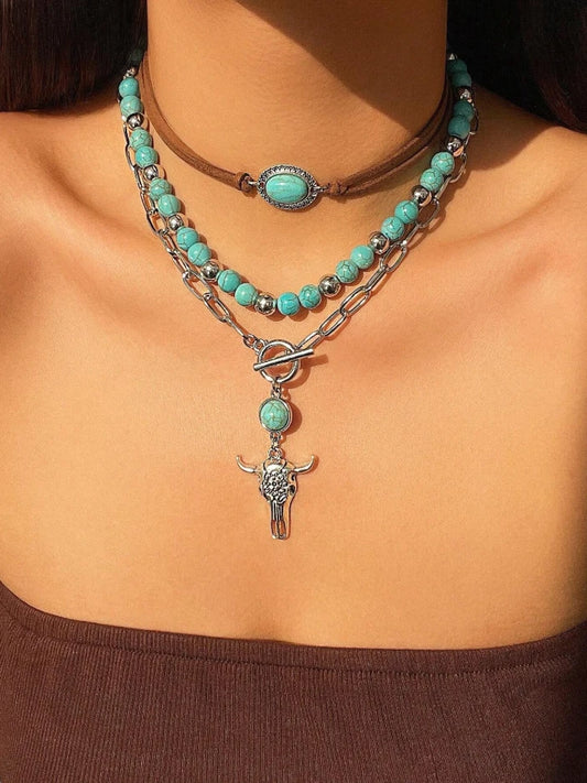 Western Turquoise Layered Necklace Set – Bull Skull & Cactus Pendant