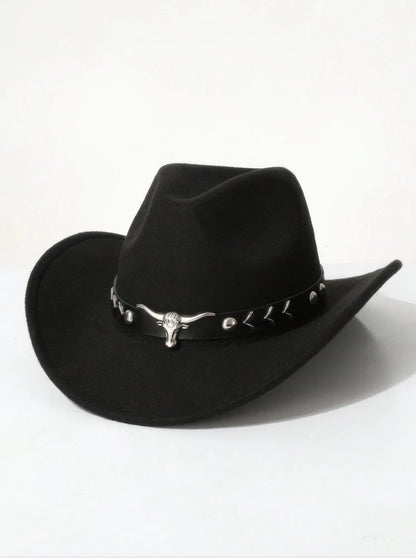 Western Cowboy Hat with Bull Head Band – Rodeo Felt Hat for Men & Women