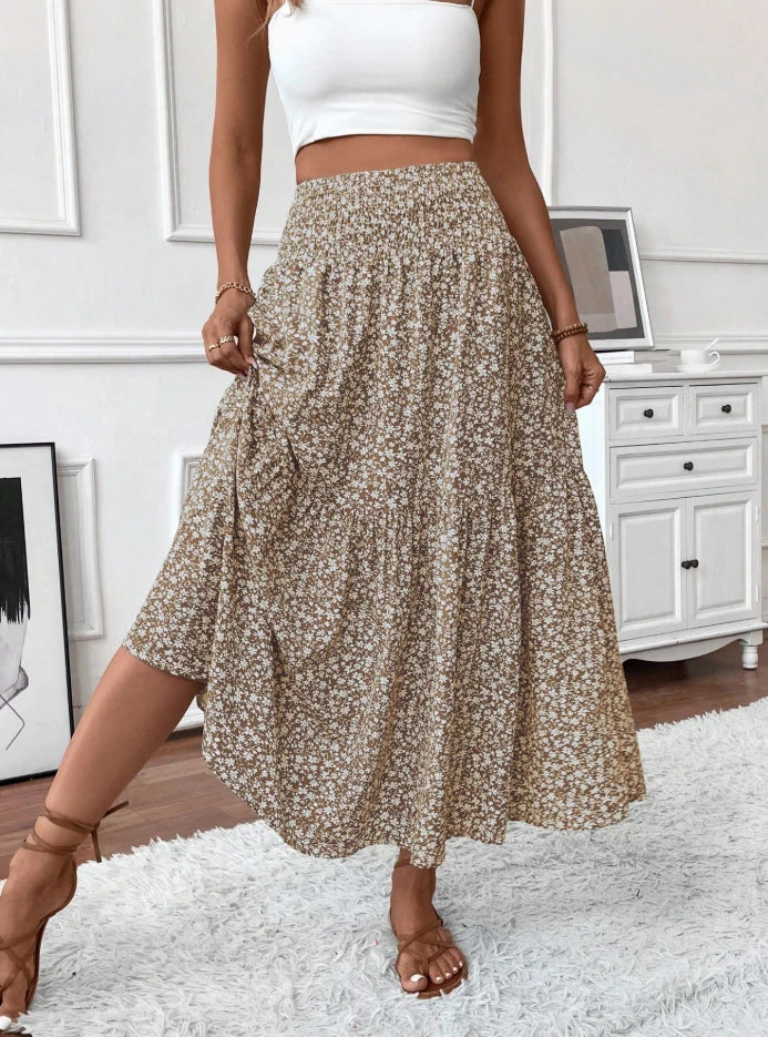 Boho Floral Tiered Maxi Skirt Women’s High Waist Smocked Ruffle Summer