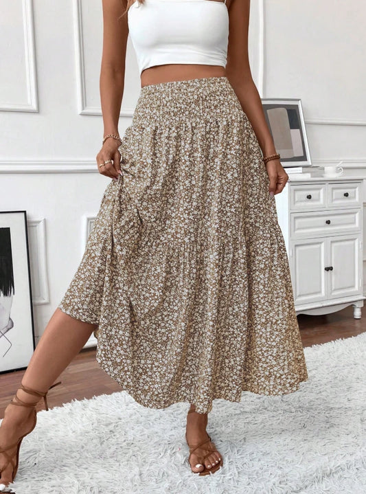 Boho Floral Tiered Maxi Skirt Women’s High Waist Smocked Ruffle Summer