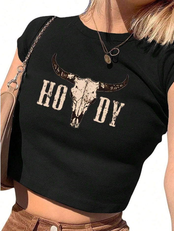 Western Cowgirl Howdy Skull Crop Top — Vintage Graphic Tee, Boho Rodeo Festival