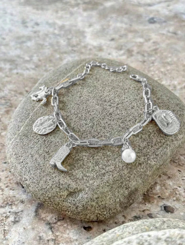 Western Charm Bracelet – Cowboy Hat, Boot, Pearl + Rodeo Charms