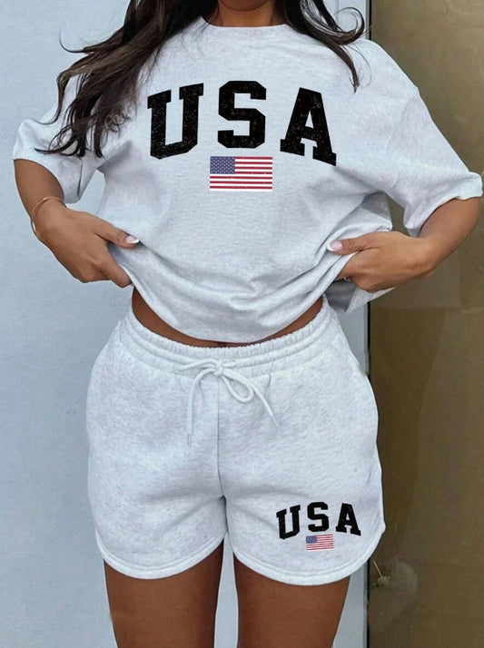 USA Flag Graphic Two Piece Set — Women's Oversized T-Shirt & Shorts Lounge Set