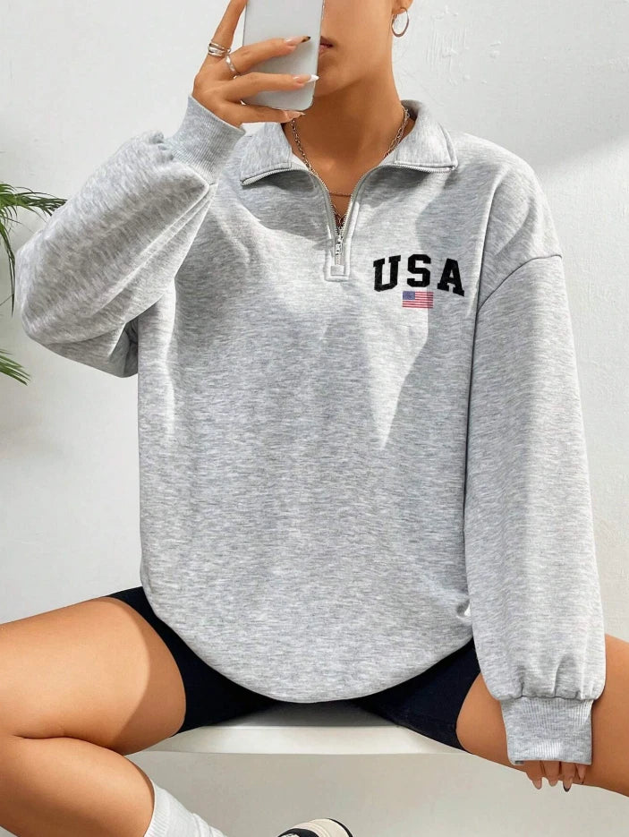 USA Flag Quarter Zip Sweatshirt — Vintage Athletic Style, Oversized Pullover