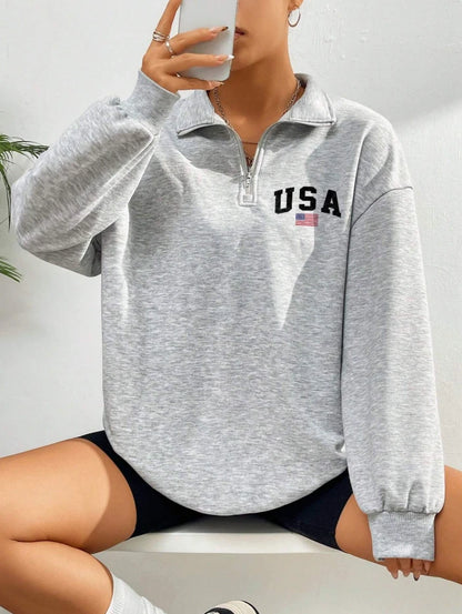 USA Flag Quarter Zip Sweatshirt — Vintage Athletic Style, Oversized Pullover