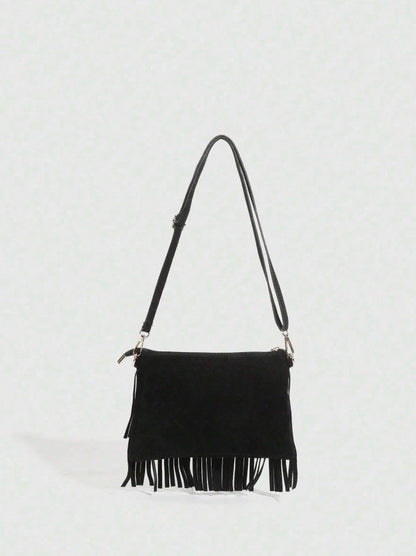 Western Fringe Suede Crossbody Bag – Boho Western Festival Purse, Brown or Black