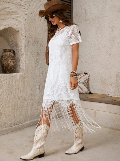 Western Lace Fringe Dress — Boho Cowgirl Short Sleeve Tassel Midi Dress