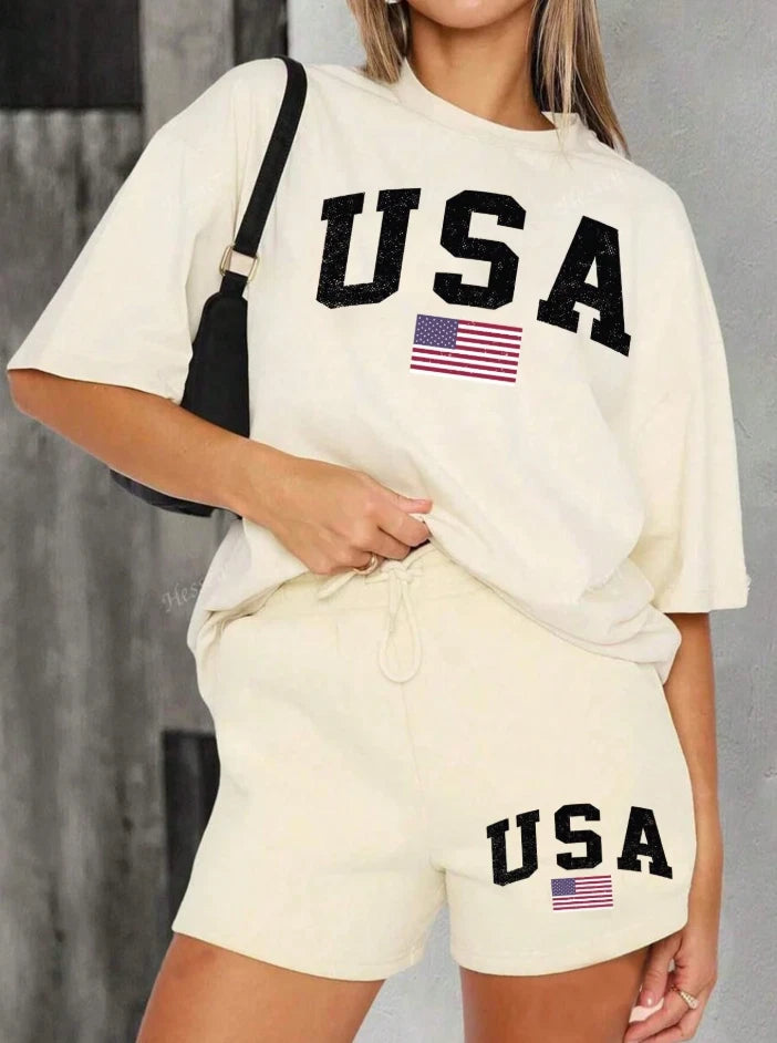 USA Flag Graphic Two Piece Set — Women's Oversized T-Shirt & Shorts Lounge Set