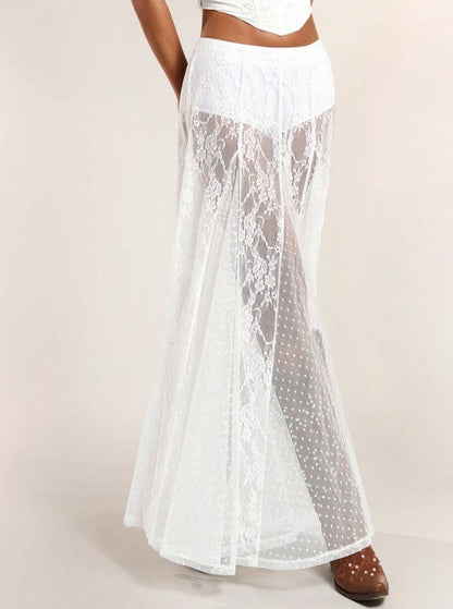 Western Boho Sheer Lace Maxi Skirt — Festival Cowgirl See-Through Layered Mesh