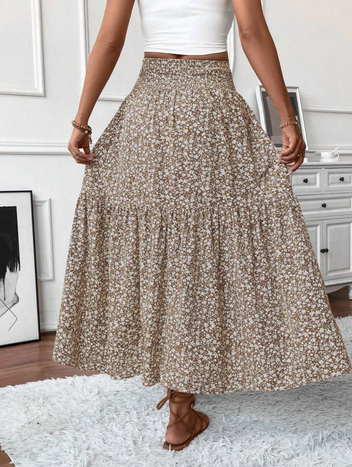 Boho Floral Tiered Maxi Skirt Women’s High Waist Smocked Ruffle Summer