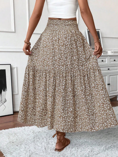 Boho Floral Tiered Maxi Skirt Women’s High Waist Smocked Ruffle Summer