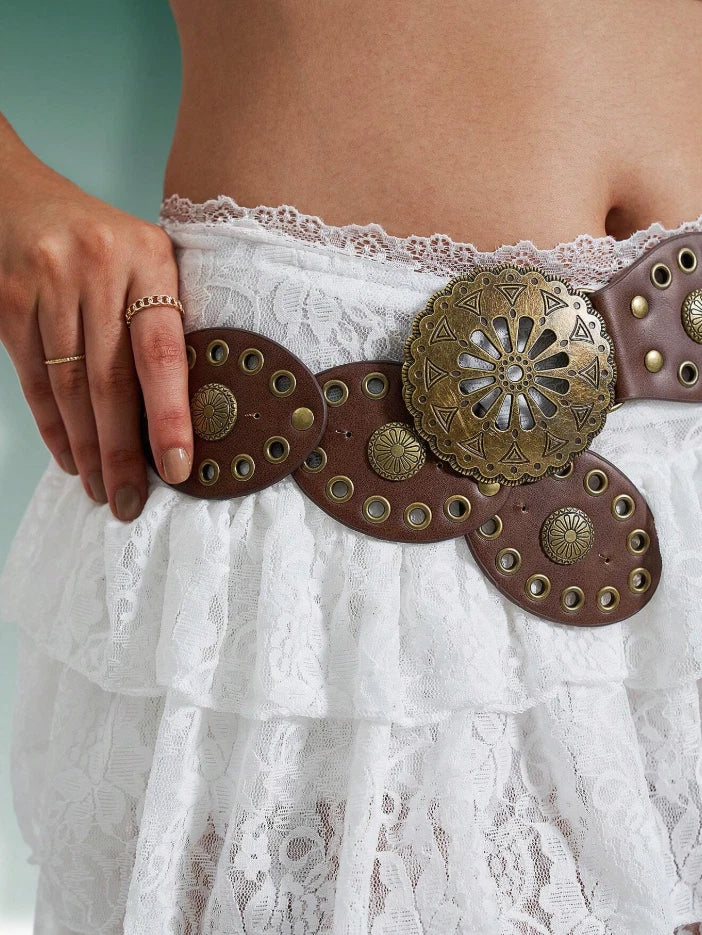 Western Concho Belt – Brown or Black Cowgirl Studded Waist Belt, Rodeo Boho