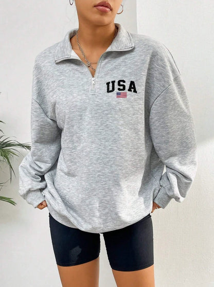 USA Flag Quarter Zip Sweatshirt — Vintage Athletic Style, Oversized Pullover