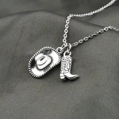 Western Cowboy Hat & Boot Charm Necklace — Country Rodeo Cowgirl Silver Pendant