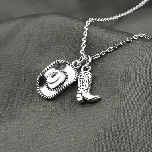 Western Cowboy Hat & Boot Charm Necklace — Country Rodeo Cowgirl Silver Pendant