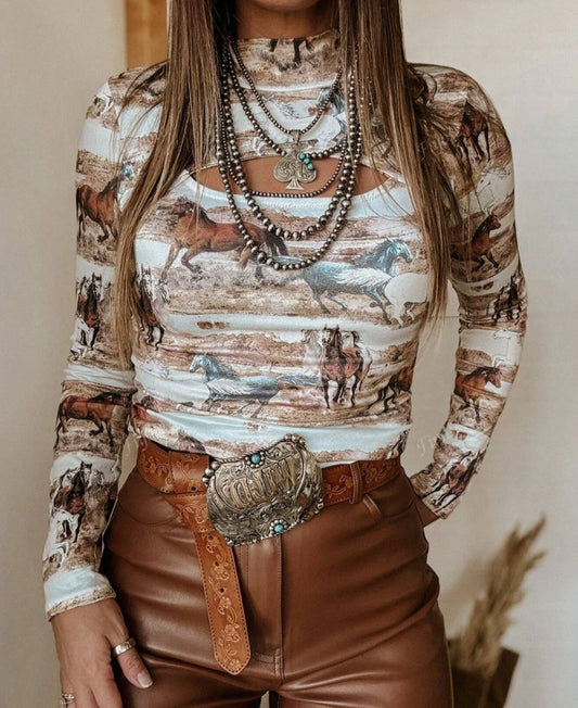 Western Wild Horse Print Cutout Long Sleeve Top | Vintage Rodeo Cowgirl Aestheti