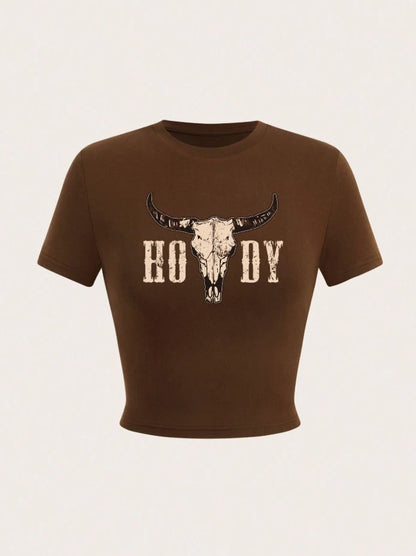 Western Cowgirl Howdy Skull Crop Top — Vintage Graphic Tee, Boho Rodeo Festival