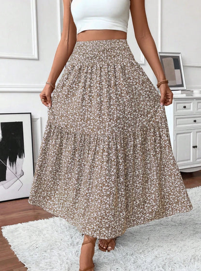 Boho Floral Tiered Maxi Skirt Women’s High Waist Smocked Ruffle Summer