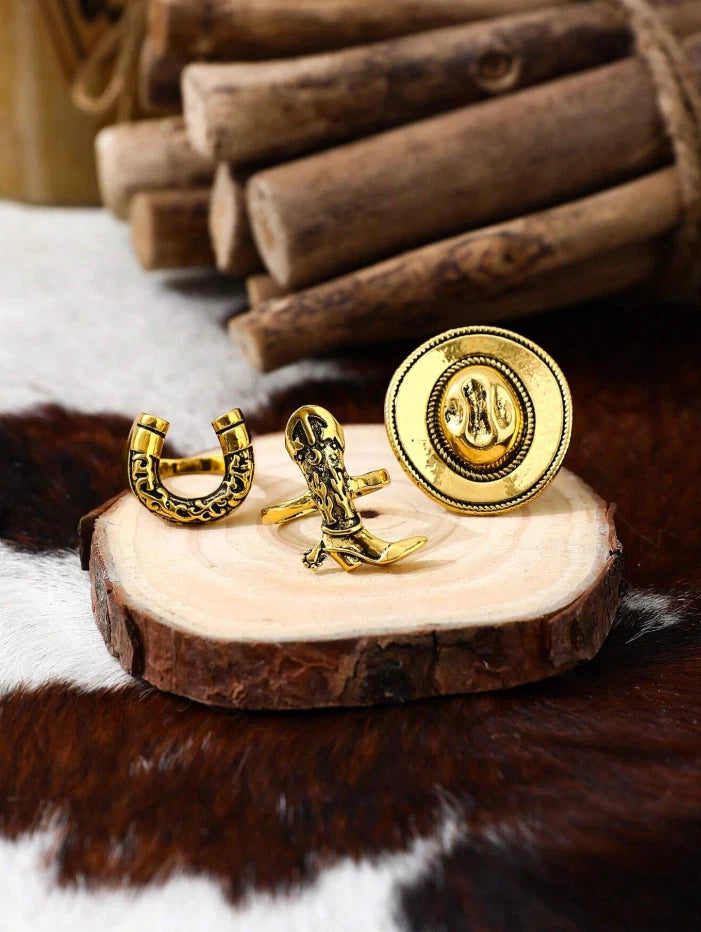 Cowgirl Western Ring Set 3pc – Cowboy Hat, Boot, Horseshoe | Rodeo Jewelry