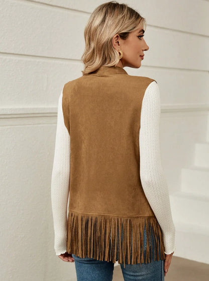 Western Fringe Open Front Vest – Cowgirl Suede Layer for Fall Looks