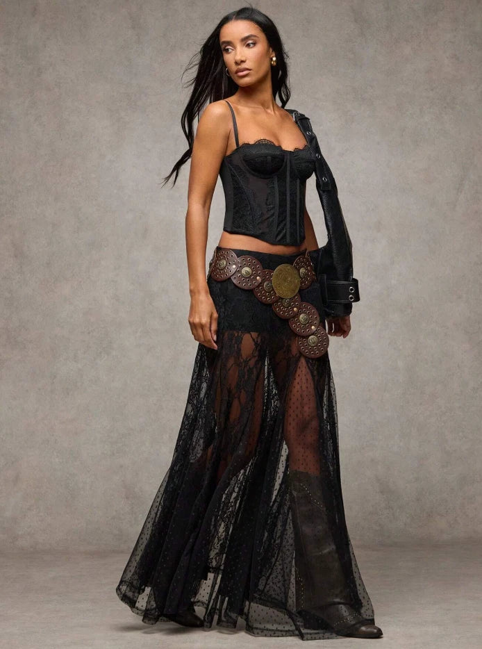 Western Boho Sheer Lace Maxi Skirt — Festival Cowgirl See-Through Layered Mesh