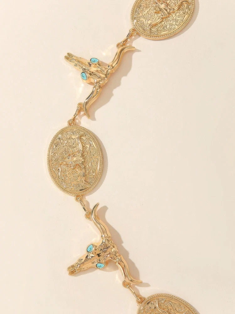 Western Cowgirl Chain Belt – Bull Head & Rodeo Concho Statement Waist Chain