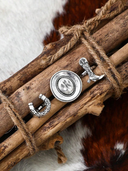 Cowgirl Western Ring Set 3pc – Cowboy Hat, Boot, Horseshoe | Rodeo Jewelry