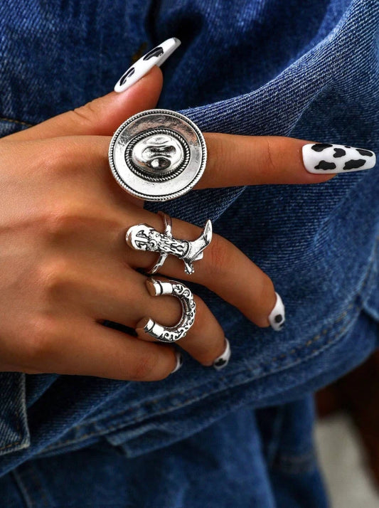 Cowgirl Western Ring Set 3pc – Cowboy Hat, Boot, Horseshoe | Rodeo Jewelry