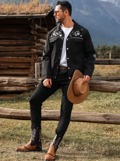 Men’s Black Western Embroidered Cowboy Jacket — Floral & Star Rodeo Style