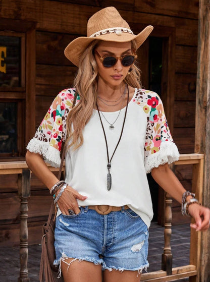 Western Fringe Floral Sleeve Top – Boho Cowgirl Rodeo Shirt, Summer Festival Tee