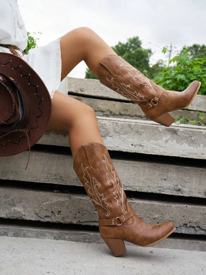 Women's Western Cowboy Boots – Brown Knee-High Boots with Embroidered Detail