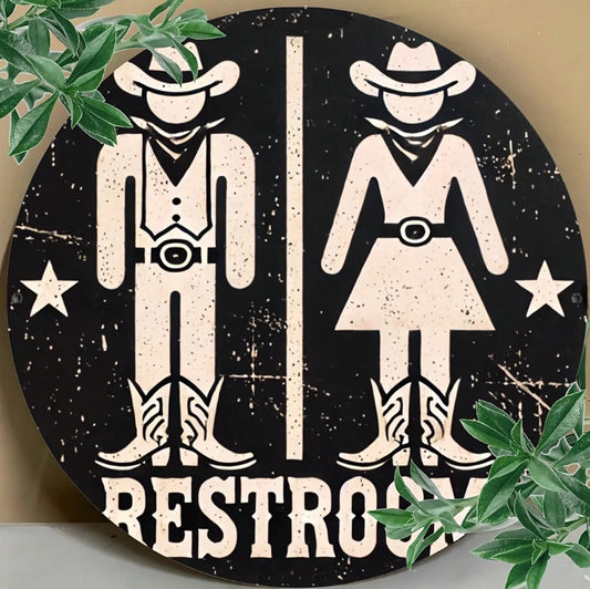 Rustic Western Restroom Sign – Cowboy & Cowgirl Bathroom Door Decor, Vintage