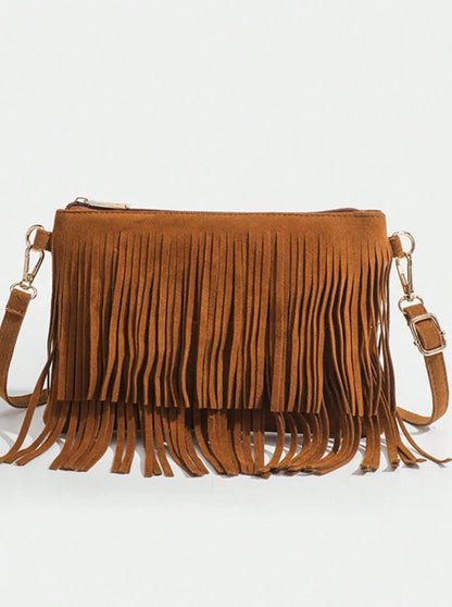 Western Fringe Suede Crossbody Bag – Boho Western Festival Purse, Brown or Black