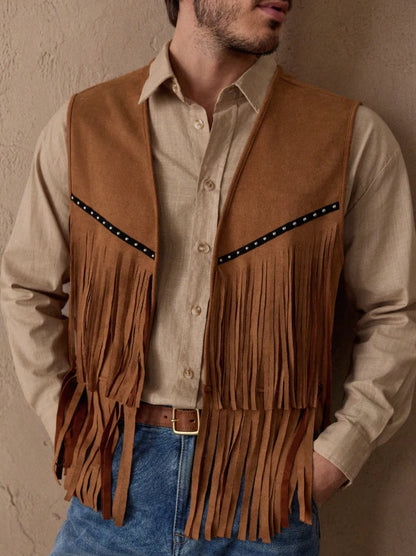 Men’s Western Suede Fringe Vest — Cowboy Rodeo Vintage Style