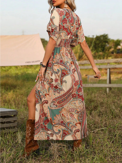 Paisley Boho Western Maxi Dress with Slit, Vintage Cowgirl Festival Dress