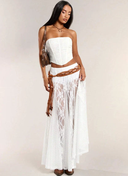 Western Boho Sheer Lace Maxi Skirt — Festival Cowgirl See-Through Layered Mesh
