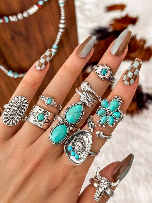 10pc Boho Western Turquoise Ring Set – Cowgirl Rodeo Stackable Silver Jewelry