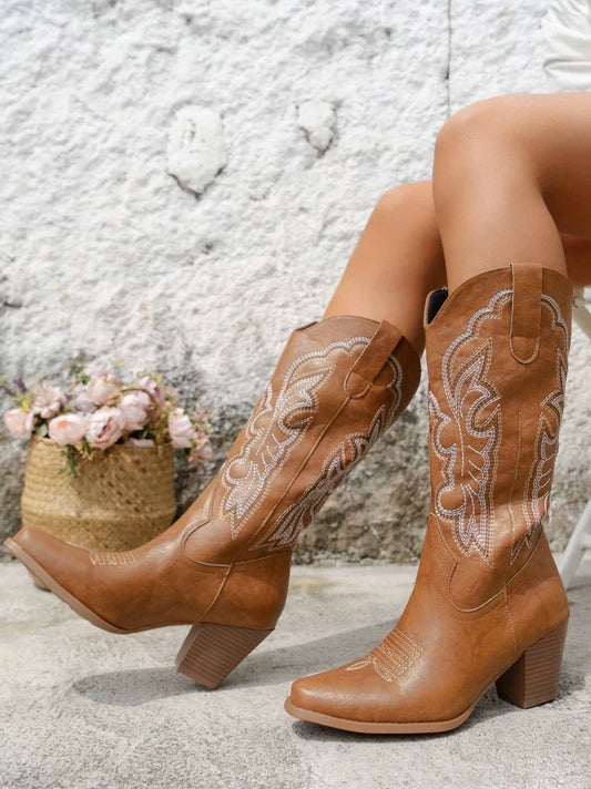 Camel Western Cowgirl Boots – Embroidered Mid-Calf Rodeo Boots | Pointed Toe