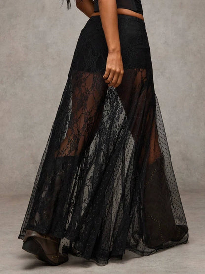 Western Boho Sheer Lace Maxi Skirt — Festival Cowgirl See-Through Layered Mesh