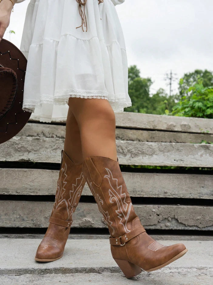 Women's Western Cowboy Boots – Brown Knee-High Boots with Embroidered Detail
