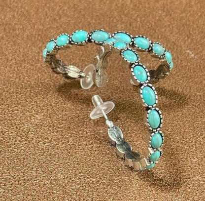 Vintage Western Turquoise Hoop Earrings – Rustic Silver Leaf Detail – Boho