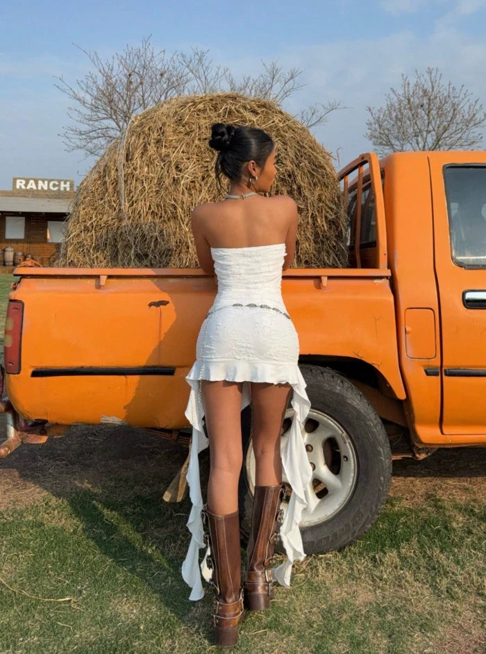 Boho Western White Strapless Ruffle Hem Maxi Dress — Cowgirl Ranch Chic
